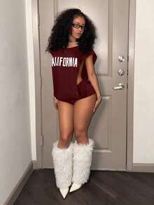 Slaydiva Women's Black Loose Round Neck Sleeveless Letter Pattern Tight Short Jumpsuit,White,Summer,Streetwear,Night Out,Casual Party Club Vacation Wear - Burgundy - View 5