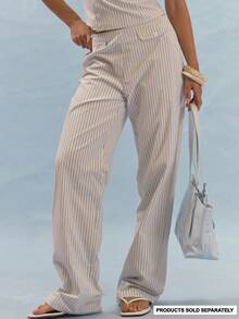 MUSERA Mid Rise Straight Leg Trousers With Stripe Pattern And Button Pocket Flap Detail Coord Bottoms Only Autumn Casual Brunch Vacation Blue White - White - View 2