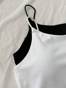 SHEIN 青少年女孩黑白休閒舒適百搭細肩帶背心上衣 - 黑與白 - 查看 5