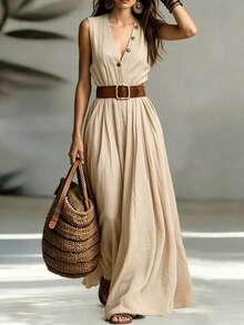 SHEIN Holidaya Women's Spring/Summer Commuter Elegant Tropical V-Neck Sleeveless Waist-Cinching Long Dress, Flattering Shoulder Neckline, Mature Style Beige Beach - Apricot - View 4