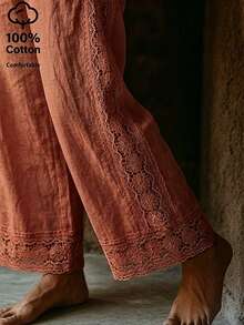 EMERY ROSE Women's Cotton Embroidered Pocket Casual Long Pants - Red Orange - View 3