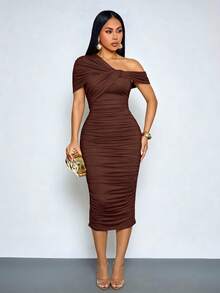 SOLERSUN Women's Sexy Ruched Asymmetrical Shoulder Bodycon Dress,Sexy Purple One Shoulder Bodycon Dress - Chocolate Brown - View 6