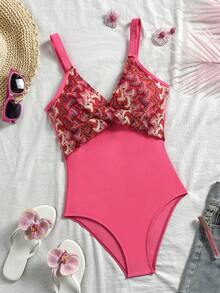 Swim Lushoire 條紋特殊面料交叉設計連身泳衣 - 彩色 - 查看 7