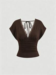 Rovax Deep Brown Lace V-Neck Tie Back Slimming High Waist T-Shirt - Brown - View 3
