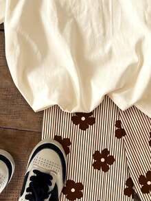 Tween Girl Casual Minimalist American Vintage Yellow & Brown Colorblock Striped, Cute Polka Dot & Floral Print, Vacation Style, Short Sleeve & Shorts 2-Piece Set, Suitable For Summer, Cozy Spring And Summer Styles, Graphic, Kawaii - Multicolor - View 6