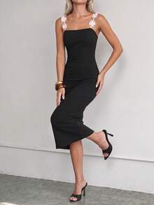 Lumivelle Women's Elegant Summer Party Black And White Midi Slip Dress,Waist-Cinched Bodycon Slim Tube Dress With 3D Flower Shoulder Strap Colorblock Decor - Black - View 3