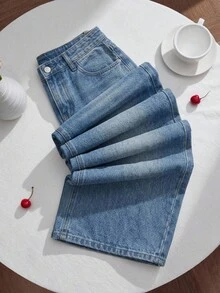 SHEIN Tween女孩藍色牛仔寬鬆長褲 秋冬萬聖節 Y2K 畢業返校穿搭 - 中等水洗藍 - 查看 3