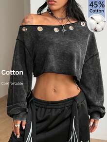 Coolane 女款性感短版不對稱單肩街頭風運動衫 - 黑色 - 查看 4
