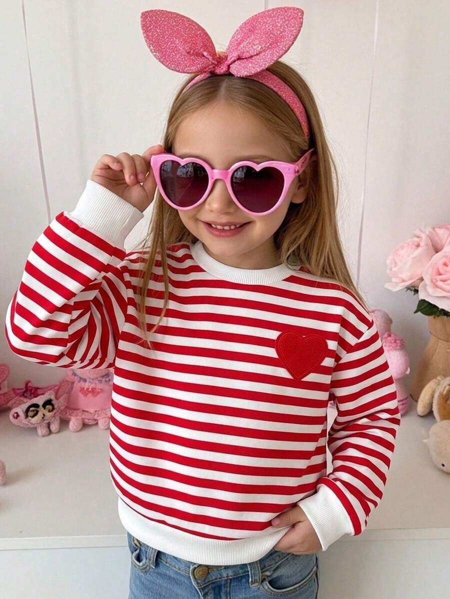 SHEIN 少女春/秋休閒條紋愛心刺繡運動衫 - 彩色 - 查看 1
