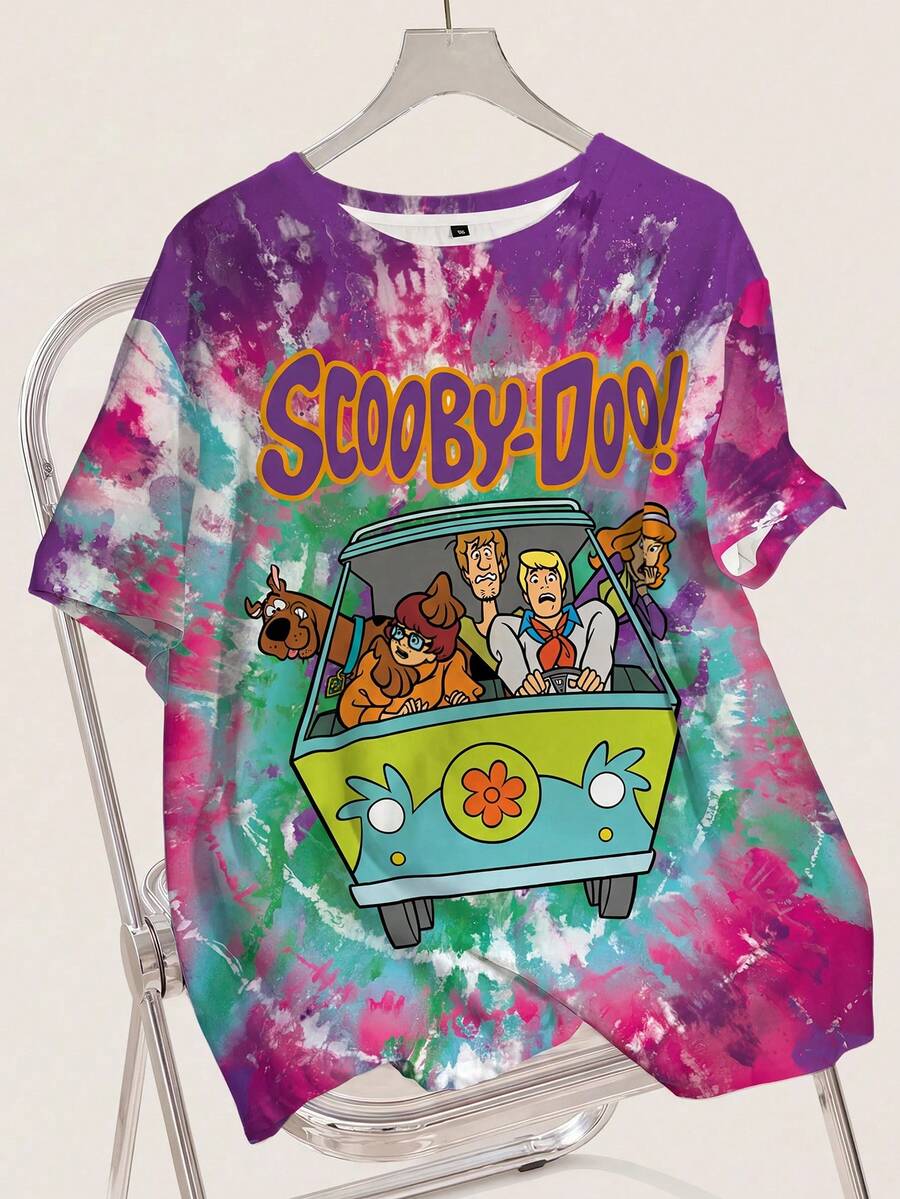 SCOOBY-DOO X SHEIN Camiseta de manga corta con cuello redondo y estampado de dibujos animados para mujer de talla grande - DOOX - Blanco - Ver 1