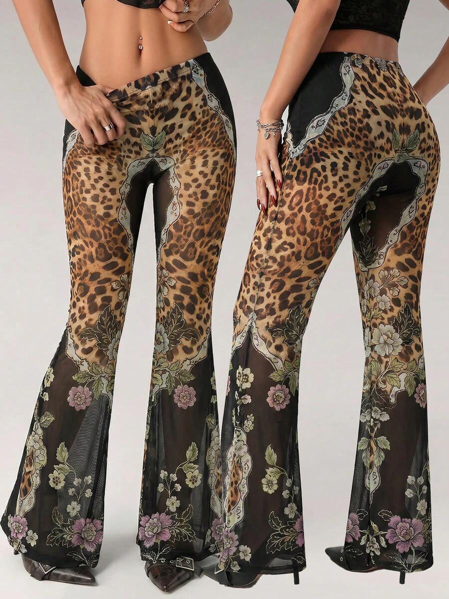SHEIN ICON 女款時尚百搭豹紋與花卉印花喇叭褲 - 棕色 - 查看 1