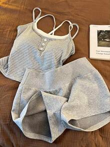 Franclia Plus Size Striped Button Contrast Color 2 In 1 Camisole And Shorts Set - Grey - View 1