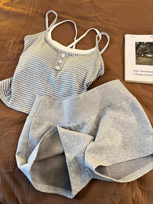 Franclia Plus Size Striped Button Contrast Color 2 In 1 Camisole And Shorts Set