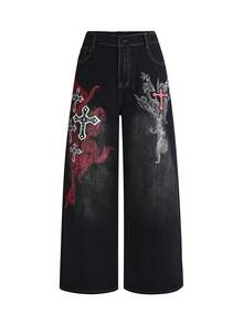 ROMWE Grunge Punk Vintage Washed Cross Print Plus Size Denim Jeans - Black - View 1