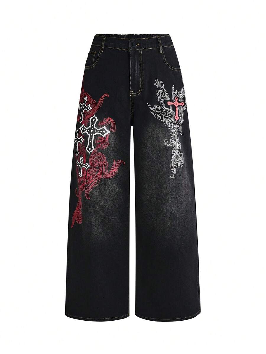 ROMWE Grunge Punk Vintage Washed Cross Print Plus Size Denim Jeans - Black - View 1