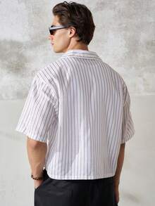 TONEVAULT Camisa de hombre de verano con estampado de letras y rayas - Blanco - Ver 2
