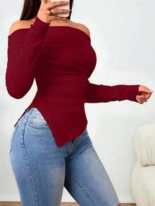 Zolique Off-Shoulder T-Shirt With Gathered Shoulders And Irregular Hem - Burgundy - View 4