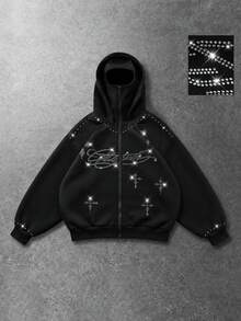 ROMWE MEN Men's Letter Flashing Diamond Double Layer Hooded Loose Zipper Front Sweatshirt - Black - View 1
