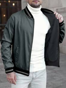 Manfinity CasualCool 男士條紋長袖前拉鍊休閒棒球夾克 - 深灰色 - 查看 6