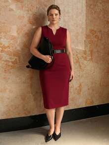 MOTF PREMIUM PLUS SIZE MINIMALIST CHIC SPLIT DESIGN MIDI DRESS WITH WIDE WAIST BELT - Red - View 6