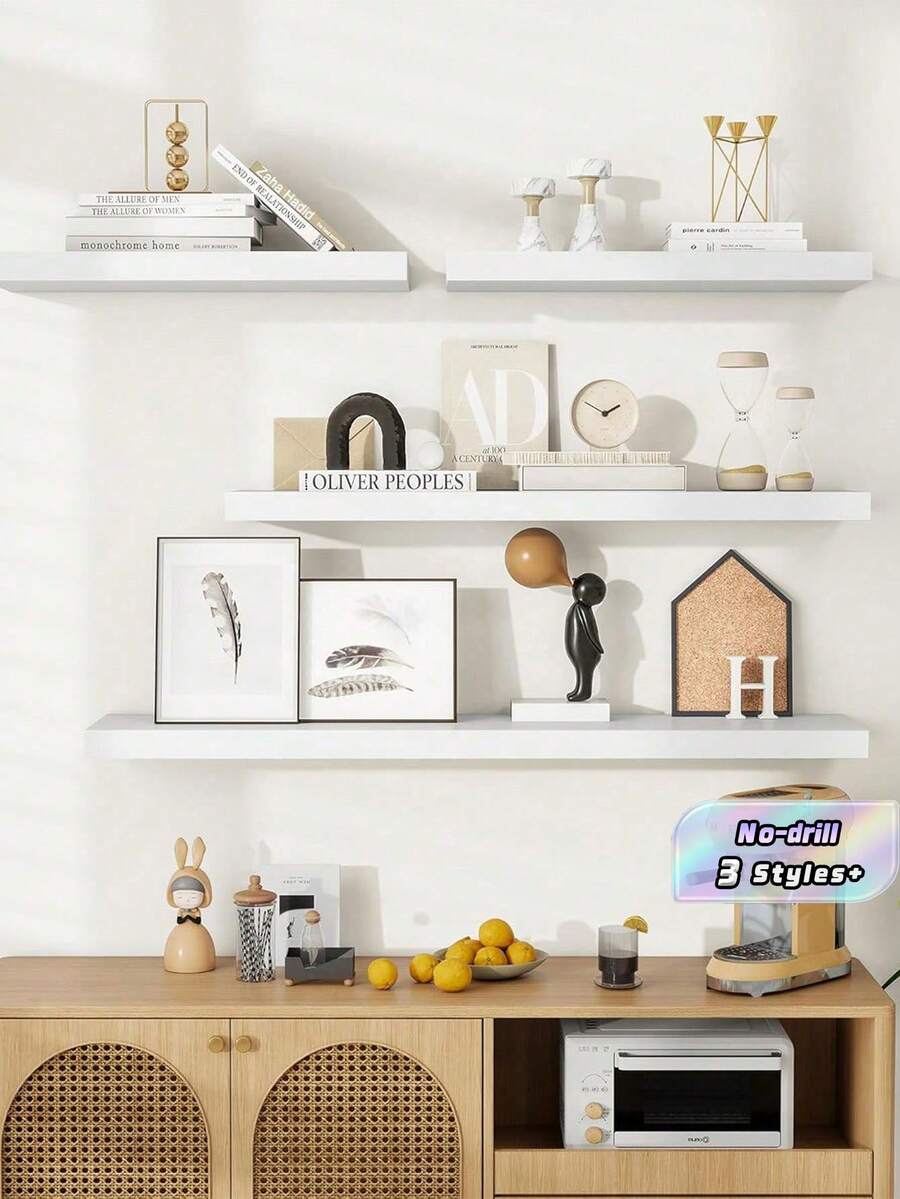 1/3 Pcs Extra Large White Sturdy Durable Wall Shelf With Strong Brackets Rustproof Easy Clean Non Slip Surface For Bedroom Living Room Kitchen Office Display Storage Rack Home Organization - White - View 1