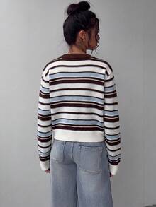 SHEIN BASICS 女款休閒針織開襟衫，美式復古條紋，夏季，街頭風，日常通勤校園，秋冬，畢業季，藍白條紋 - 彩色 - 查看 2