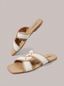 Styleloop Women Shoes Multi-Colored Canvas Splicing Square Toe Flat Bottom Cross Sandals, Simple Casual Style, Suitable For Daily Commuting, Vacation Travel - Apricot - View 4
