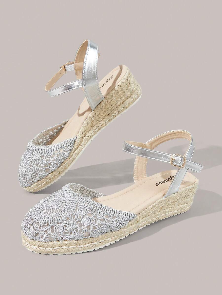 Styleloop Women's Hemp Rope Straw Woven Wedge Heel Silver Ankle Strap Woven Women's Wedge Heel Shoes Sandals Hemp Rope Shoes Boho Style - Silver 3 - View 1