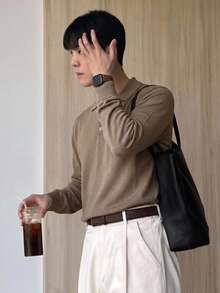 DAZY Top de punto de manga larga con media botonadura color albaricoque liso para hombre, primavera/otoño - Caqui - Ver 6