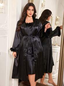 MuseNap CURVE Satin Long Camisole Dress With Fur Trim Neckline And Waist Tie, Plus Size Nightgown - Black - View 5