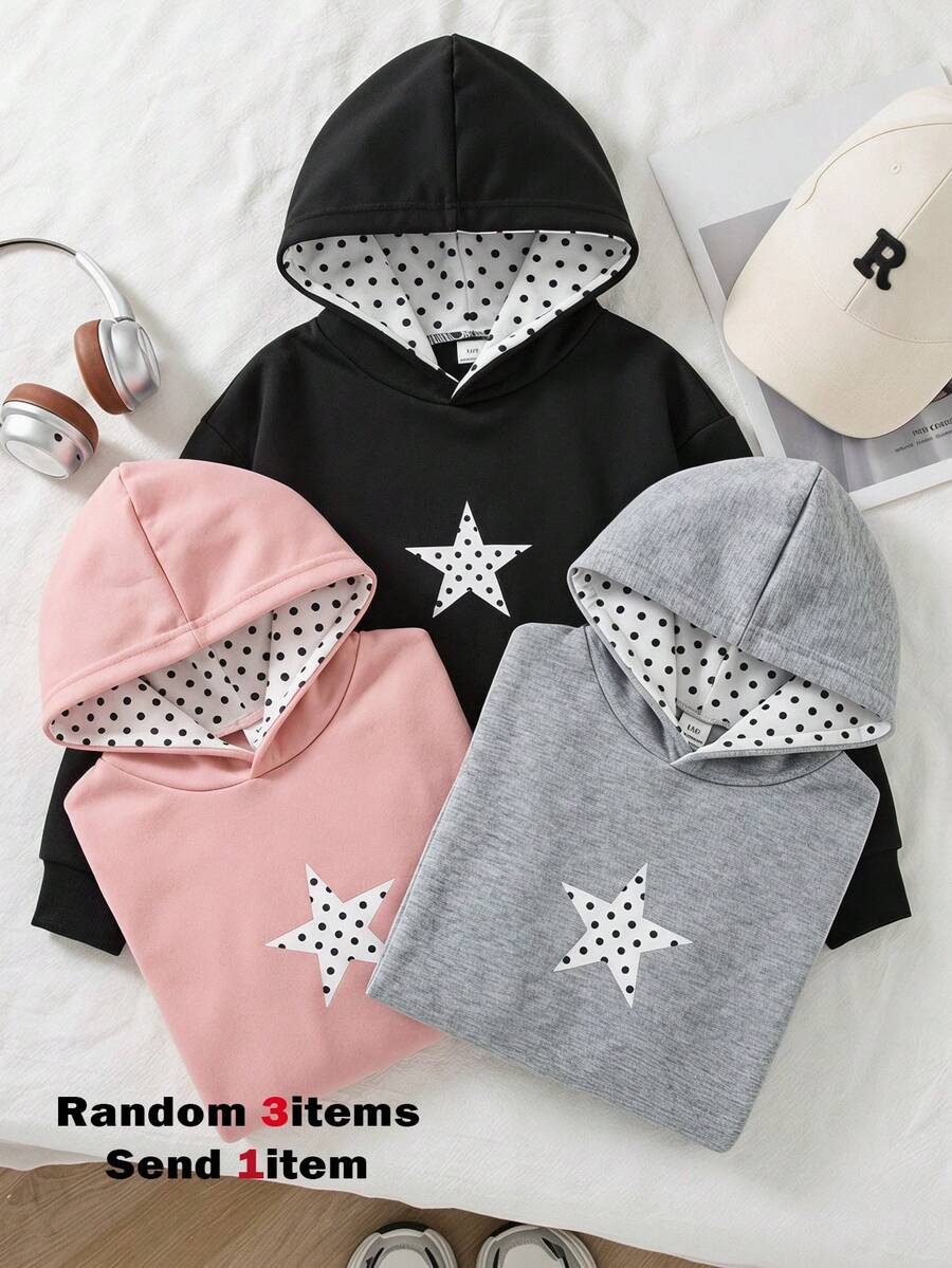 SHEIN 青少年女孩休閒街頭風波點毛絨帽,星星與波點印花,適合街頭穿搭,女孩衛衣搭配 - 黑色 - 查看 1