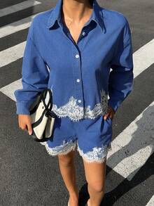 Siren Gaze Women's Lace Trim Top & Denim Shorts Set - Medium Wash - View 3