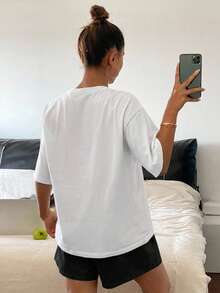 DAZY 女款純色寬鬆短袖T恤與短褲兩件套居家服 - 白色 - 查看 2