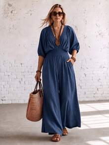Ceyna Plus Size Fashion Casual Batwing Sleeve Loose Jumpsuit Fall - Blue - View 5