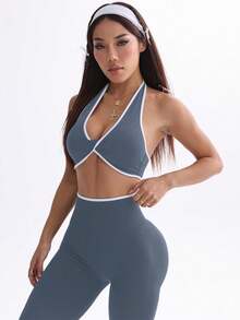SHEIN Sovereign Charm 女款瑜伽拼接配色運動套裝 - 灰色 - 查看 5