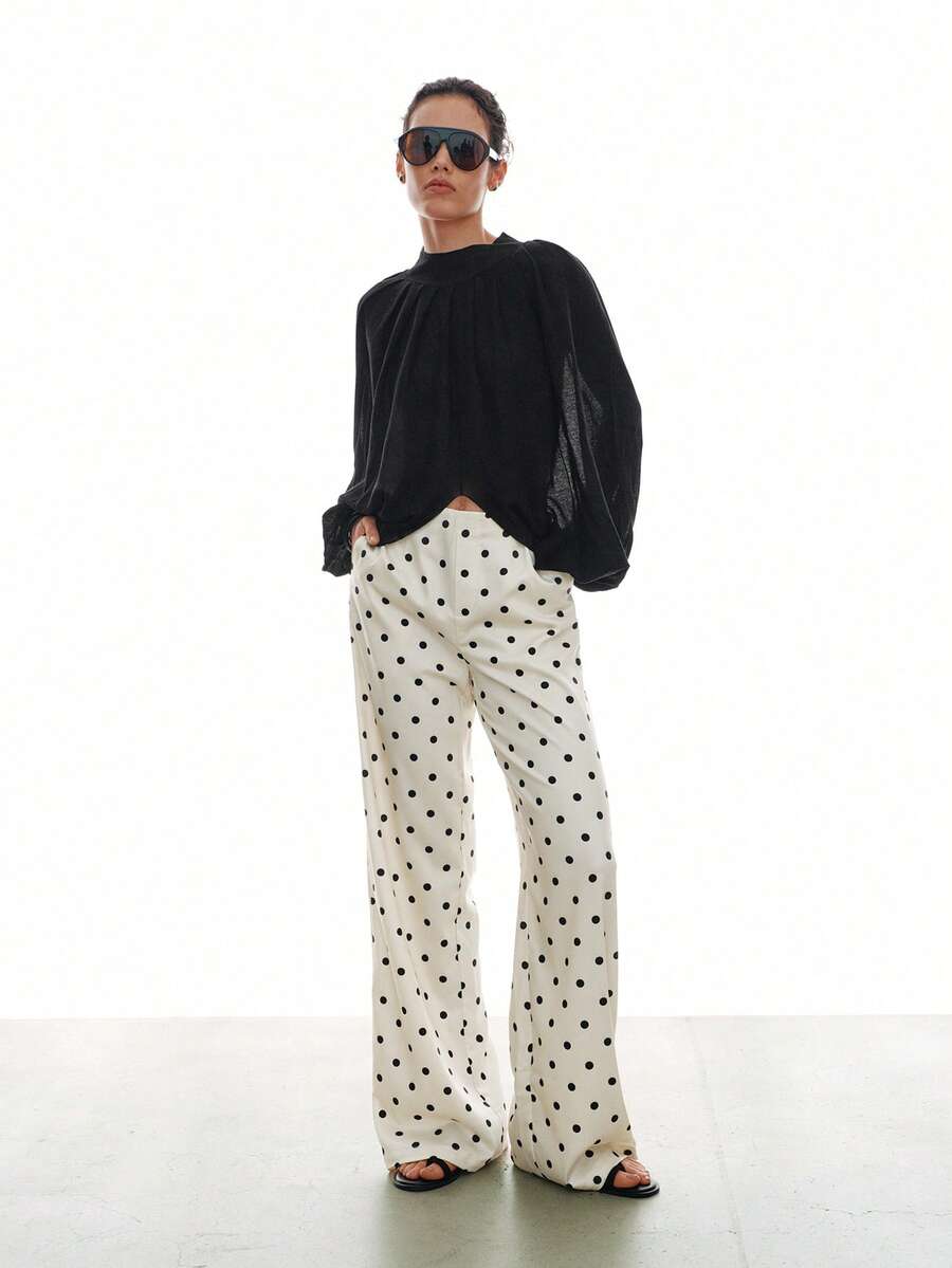 MOTF PREMIUM WOMEN'S SATIN POLKA DOT WIDE LEG PANTS, SPRING/SUMMER - Black and White - View 1