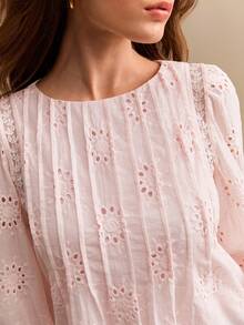 Willow Rêve Women's Pleated Embroidered Cutout Lace Blouse, Light Pink Long Sleeve Shirt Top - Baby Pink - View 6