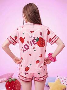 Notgurli Women's White Fast Food Print Button Down Short Sleeve Pajama Set Novelty Slumber Party - Pink - View 2