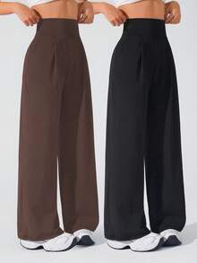 SHEIN Velisys 女款純色高腰口袋休閒日常旅行運動長褲 2件/包 - 彩色 - 查看 3