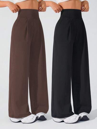 SHEIN Velisys Pantalones largos casuales de mujer de unicolor con cintura alta y bolsillos para uso diario, viajes y deportes 2 piezas/paquete