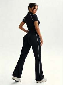 Dewbera Dewbera 2PCS Women's Sports Set Black And White Tight Fit Raglan Short Sleeve Contrast Stripe Stand Collar Full Zip Jacket Flare Pants Athleisure Gym Summer - Black - View 4