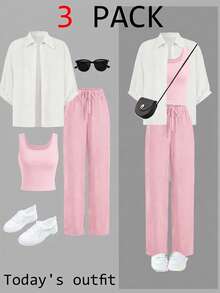 SHEIN Teen Girls Shirt Co-Ords Pink & White 3 Pieces Set Autumn Outfit 2024 New Style Elegant Sun Protection Shirt Blazer Wide Leg Pants - Pink - View 3