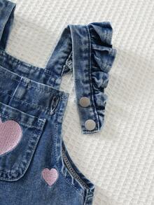 Cozy Pixies Baby Girl Pink Heart Embroidered Pattern Blue Denim Overalls Pcs - Blue - View 4