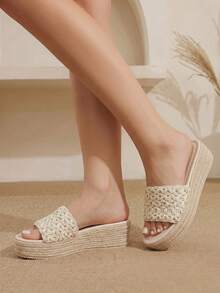 Styleloop Women's Platform Sandals, Upper Woven Straw Material Breathable And Empty Decoration, Bohemian Style, Holiday Atmosphere, Summer Wear, Travel - Apricot 15 - View 10