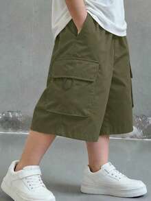 SHEIN Teen Boy Solid Color Casual Versatile Daily Wear Cargo Shorts - Army Green - View 4