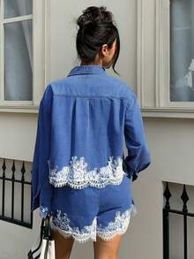 Siren Gaze Women's Lace Trim Top & Denim Shorts Set - Medium Wash - View 2