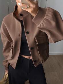Dazy Tall Jaket Kasual Wanita Lengan Panjang Longgar dengan Kerah Tegak untuk Musim Gugur - Coklat - View 8