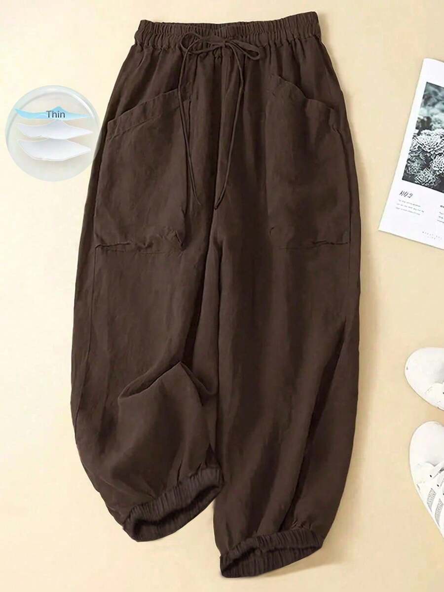 EMERY ROSE Plus Size Women's Solid Color Waist Tie Elastic Cuff Loose Casual Pants Fall - Brown - View 1