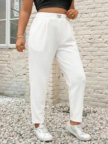 SHEIN PETITE CURVE 大尺碼女款字母印花牛仔口袋休閒百搭長褲 - 白色 - 查看 5