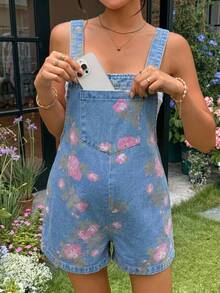 SHEIN 孕婦夏季休閒花卉印花牛仔吊褲 - 藍色 - 查看 4